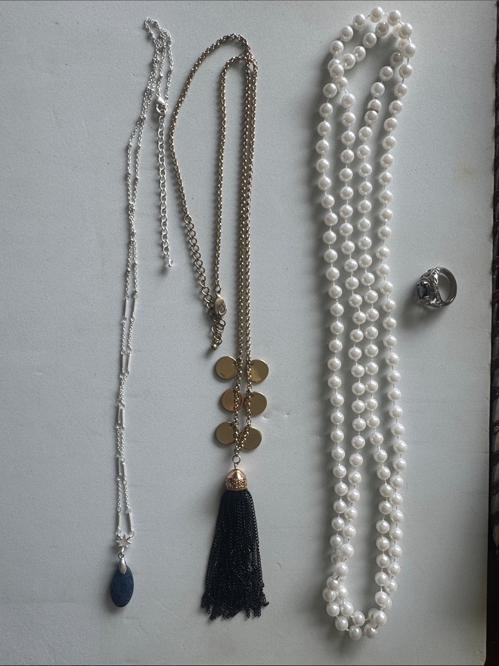 Pearl Strand Necklace, Gold Tassel Pendant & Black Bead Necklace Set
